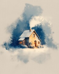 A charming house nestled in a snowy landscape, exuding warmth and comfort with smoke gently rising from its chimney.