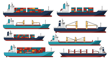 A comprehensive collection of various cargo and container ships on the sea, illustrating global trade, logistics, and maritime transport.