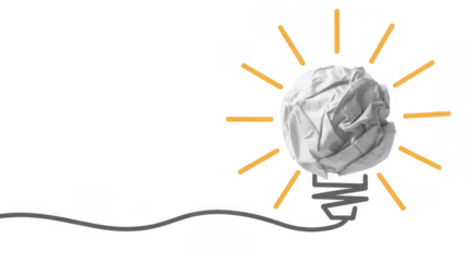 Crumpled paper light bulb with yellow rays creative idea isolated on a transparent background