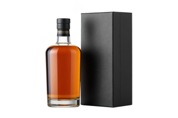 Amber whiskey bottle and black gift box isolated on transparent background