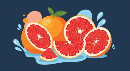 A vibrant arrangement of whole and sliced grapefruits, accompanied by dynamic water splashes, emphasizing freshness and juiciness.