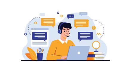 A male customer support agent or online consultant wearing a headset, actively working on a laptop, surrounded by chat bubbles and data screens.
