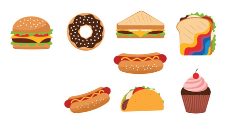 A comprehensive assortment of various popular fast food items and sweet treats, including burgers, donuts, sandwiches, hot dogs, tacos, and cupcakes.