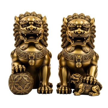 Auspicious pair of brass Foo Dog statues, male with a ball and female with a cub, symbolizing protection and prosperity. Ideal for Chinese New Year designs, Feng Shui decor,