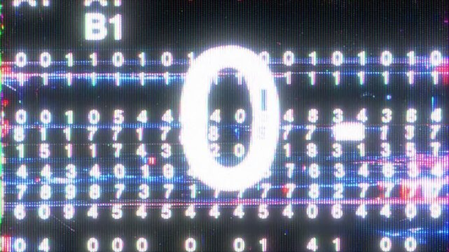 4K Digital binary data screen animation, large zero digit over scrolling code matrix, signal distortion and interference, futuristic system interface overlay, motion design and data visualization