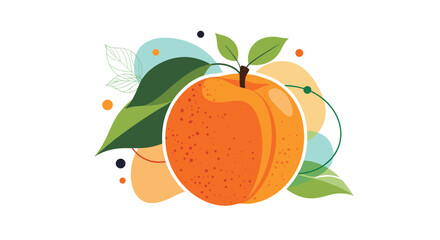 A vibrant ripe peach with fresh green leaves, surrounded by abstract colorful organic shapes, symbolizing natural goodness.