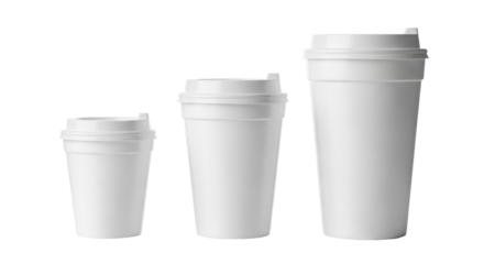 Three pristine, blank styrofoam coffee cups (small, medium, large) aligned horizontally on a reflective white surface under high-key studio light, concept for commercial packaging mockup