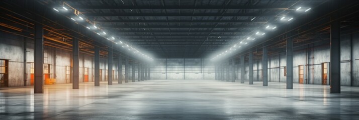 A spacious, modern industrial warehouse interior with concrete walls, metal beams, and bright lighting creating an expansive, empty atmosphere.