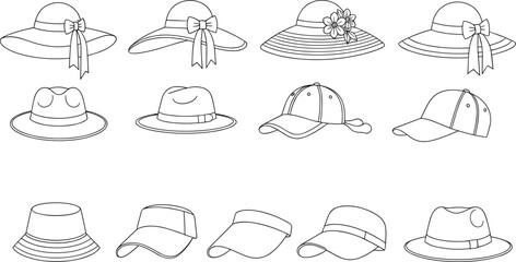 Hat outline icon collection featuring sun hats, caps, fedora, and headwear styles illustrated in clean black line art vector style isolated on white background for fashion, apparel, and accessory desi © MdRazaul