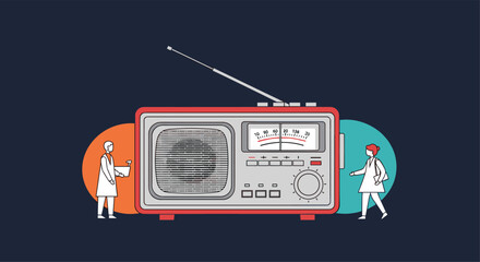 A charming vintage radio with an antenna, surrounded by two small people and colorful abstract circles on a dark background.
