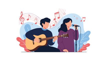 A talented man playing an acoustic guitar while a woman sings into a microphone, surrounded by flowing musical notes, depicting a performance.