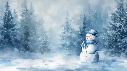Obraz premium A charming snowman stands in a serene winter landscape, surrounded by snow-covered trees, evoking the magic of the holiday season.