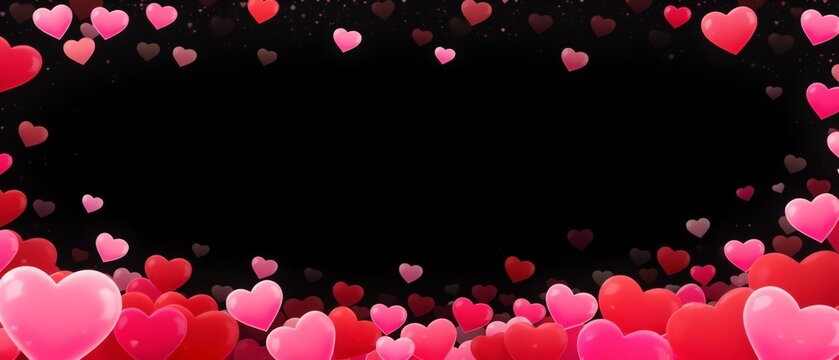 Valentine&rsquo;s Day Heart-Shaped Floating Bubbles on Black Background with Copy Space