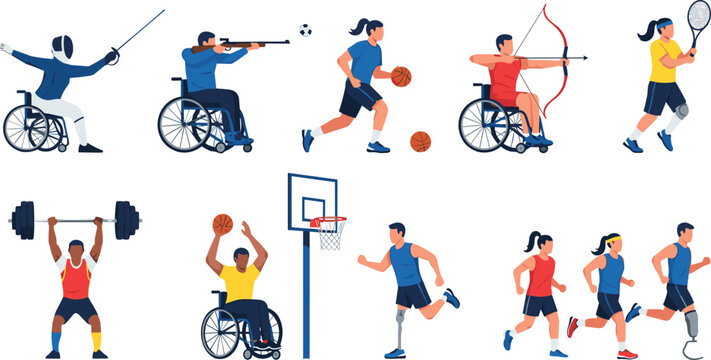 Adaptive sports and para athletes illustration collection featuring wheelchair basketball, archery, fencing, running, weightlifting, and inclusive fitness activities illustrated in modern flat vector 