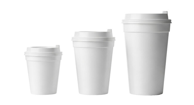 Three pristine, blank styrofoam coffee cups (small, medium, large) aligned horizontally on a reflective white surface under high-key studio light, concept for commercial packaging mockup
