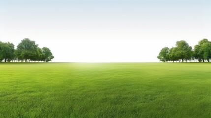 A serene landscape featuring a vast green field bordered by trees under a clear blue sky, evoking tranquility and natural beauty.