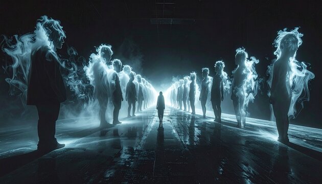 A surreal and ethereal scene depicting a group of spectral figures illuminated by a central light source in a dark, reflective environment
