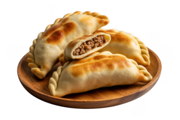 Empanadas on a wooden plate savory pastry meat pie isolated on a transparent background