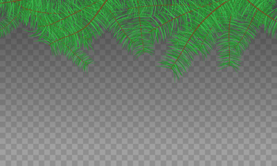 Christmas pine tree branches border on checkered background. Vector design for overlaying on Christmas greeting cards, winter web banners, seasonal sales posters, and New Year invitations