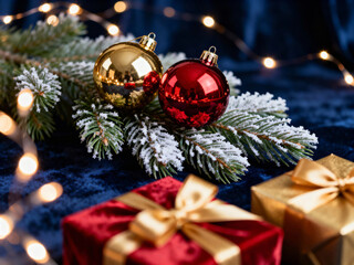 Festive Christmas ornaments, balls and gifts with fairy lights