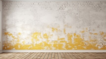 A textured wall with yellow and white paint, featuring exposed brick and a wooden floor, creating a rustic and vintage ambiance.