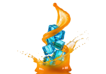 highly saturated orange juice plume splashing dynamically with vibrant blue ice cubes, frozen moment, macro detail on transparent background, concept for beverage advertising