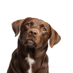 Dog has sad puppy dog eyes looking to left with head tilted upwards, suggesting it might be seeking attention or reacting curiously.