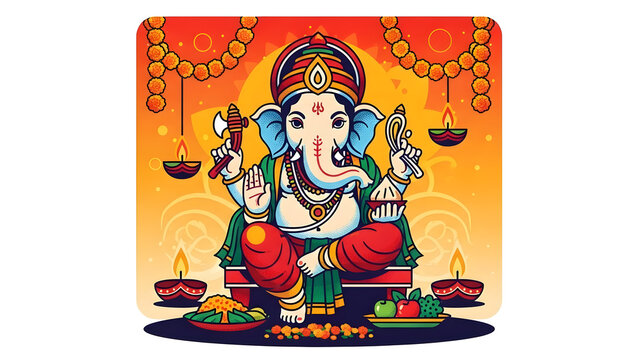 Auspicious Ganesh Chaturthi festival celebration flat vector illustration background featuring sacred Ganesha symbolism, festive decor elements, and vibrant devotional cultural atmosphere - Powered by Adobe