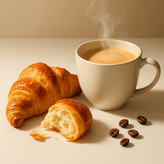 A cup of coffee and a flaky croissant with a golden-brown glaze on a clean white surface. Sweet pastries for breakfast