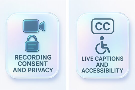 Modern visual symbols representing recording consent and privacy alongside live captions and accessibility emphasize the importance of inclusivity and ethical standards in digital communication