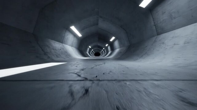 Abstract grey concrete tunnel with glowing lights receding into a dark, mysterious distance