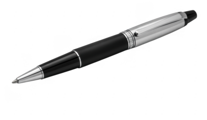 Black and silver pen with a pointed tip on a dark background black pen writing instrument isolated on a transparent background