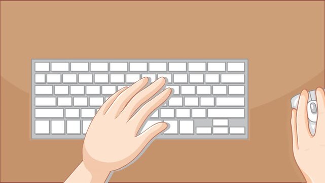 Human hands on a computer keyboard and mouse, top view. Cartoon animation in flat vector art style.