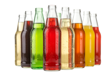 A vibrant assortment of various colorful bottled soft drinks and sodas lined up against a clean white background.