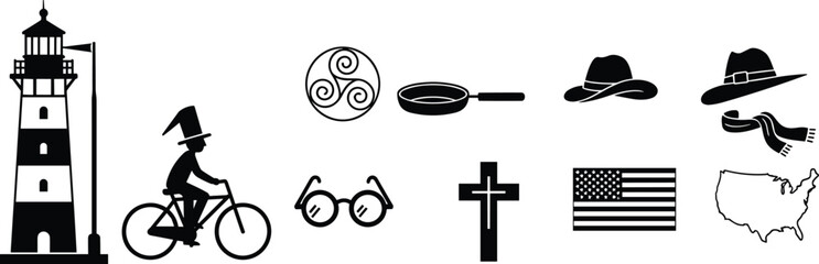 Set of miscellaneous vector icons silhouettes, lighthouse, bicycle, cross, USA map, flag, eyeglasses, hats, and cooking pan