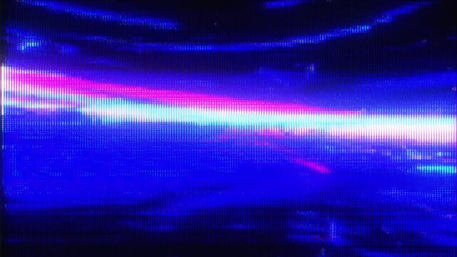 4K Horizontal glitch streak animation, intense blue and magenta signal bands across digital screen, fast motion smear and distortion, chromatic noise interference, abstract electronic interface visual