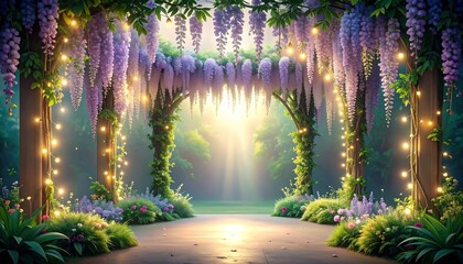 Magical garden archway adorned with cascading wisteria and fairy lights, creating a breathtaking enchanted forest scene