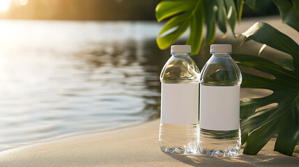 Hydration Oasis: Two bottles of refreshing water grace the sandy shore, framed by lush greenery and the tranquil sea. Stay refreshed in paradise! #BeachLife #Hydration