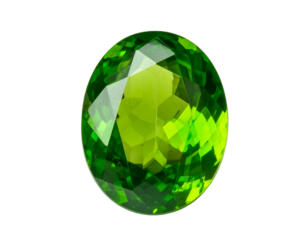 Oval faceted bright green gemstone against a black background
