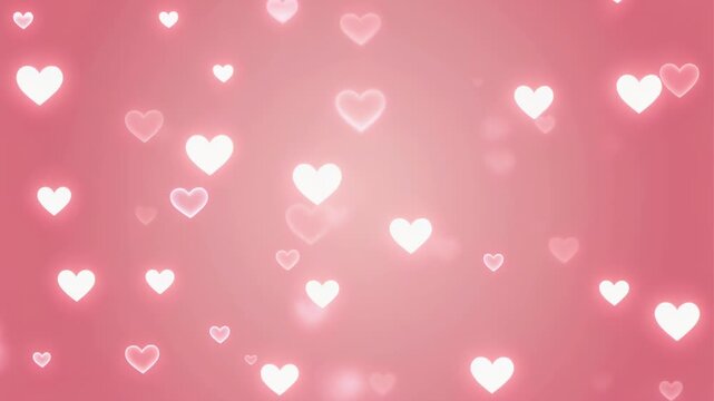 Soft, white glowing heart shapes floating digitally with a bokeh effect, creating a romantic abstract pattern against a vibrant rosy pink gradient background.