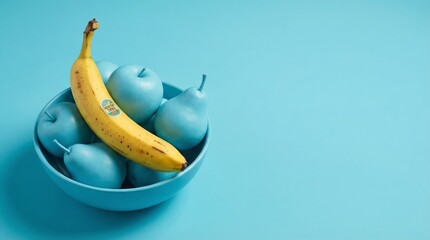 Yellow banana resting on painted blue apples and pears in bowl on blue background