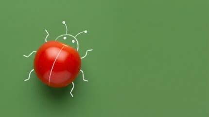 Red cherry tomato with white chalk drawing of ladybug legs on green chalkboard
