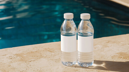 Two bottles of refreshing water sit by a sparkling pool, offering hydration on a sunny day. Perfect for poolside relaxation and staying cool in the summer heat. Time to chill!