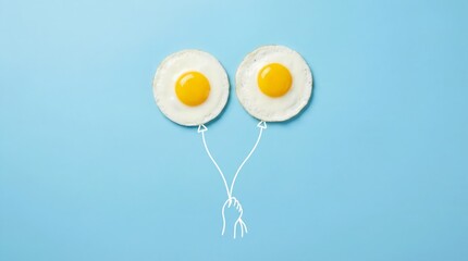 Top view of two fried eggs with hand drawn balloon strings on pastel blue background