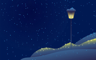 Winter Night Street Lamp with Falling Snow and Copy Space