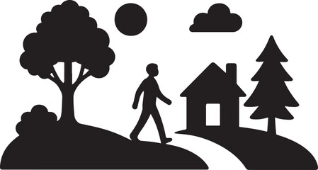 Outdoor Silhouette Scene with Person, Trees, House, Sun and Cloud