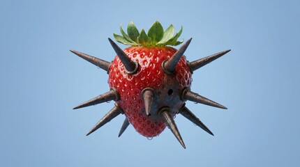 Red strawberry covered in sharp metal spikes isolated on blue background