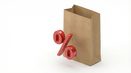 Brown paper shopping bag with glossy red percent sign on white background