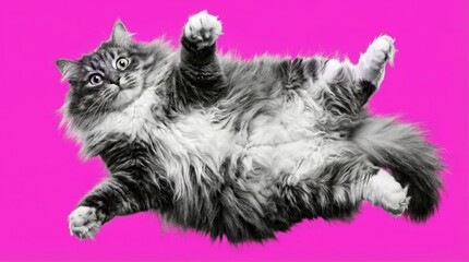 Black and white fluffy cat flying in mid air against bright pink background