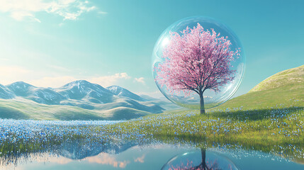 Cherry Blossom Tree Encased in Bubble in Spring Landscape graphic isolated on a transparent background